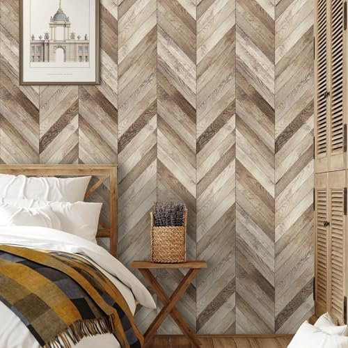 ANHUIB Original Wooden Color Wallpaper Wood Grain Peel and Stick Herringbone Wall Paper Vintage Textured Natural Herringbone Wall Sticker 44x300cm Wood Wallpaper for Cabinet Bathroom Living Room
