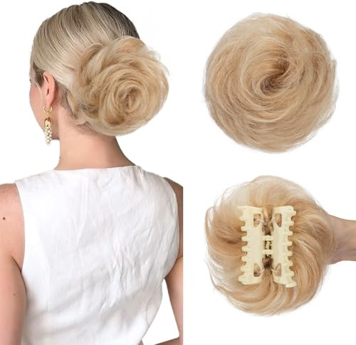 TESS Haarteil mit Krallen Clip Echthaar 45g, Gelockt Dutt Haarteil Haargummi mit Haaren Hochsteckfrisuren Haarverlängerung Messy Bun Haarteile für Damen Goldblond/Blond Balayage
