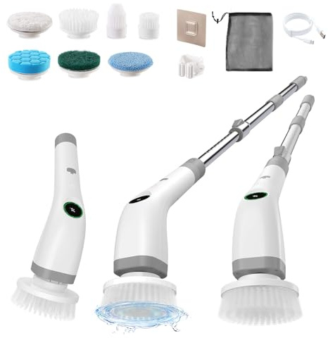 Elektrische Reinigungsbürste Bad, 7 in 1 Electric Cleaning Brush mit austauschbaren Bohrbürstenköpfen Led Anzeige lektrische Putzbürste mit Verstellbarem Griff für Boden Küche Auto Fliesen-IPX7