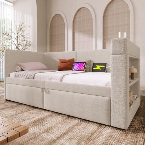 ANIROY Schlafsofa 90x200cm, Einzelbett/Doppelbett mit USB und Type-C-Ladeanschluss, Polsterbett Daybett Tagesbett Sofabett mit Ausziehbett und Lattenrost, Leinen, ohne Matratze, Beige