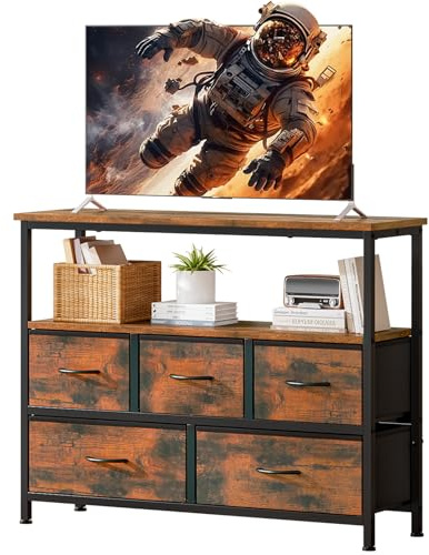 Uptyia Mueble TV Alto con 5 Cajones - Mueble Televisión Compacto para Salón, Dormitorio o Espacios Pequeños | Soporte TV 45 con Estantes Abiertos y Almacenamiento (Marrón)