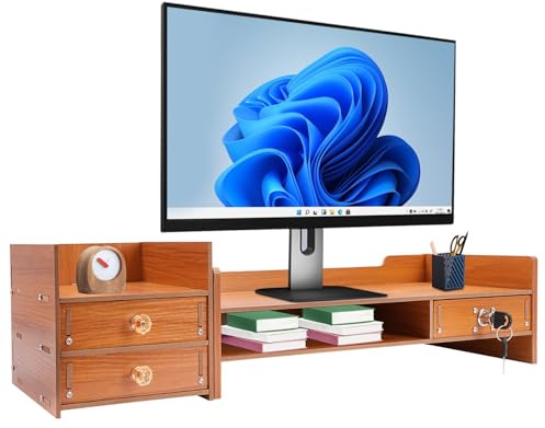 GDSKR Support de moniteur, support d'écran en bambou, rehausseur d'écran ergonomique, rehausseur d'écran avec 2 tiroirs et compartiments, organisateur de rangement pour bureau