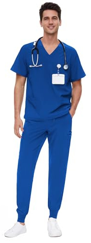 COZYFIT Scrubs for Men - 4 Pockets V-Neck Scrub Top and 7 Pockets Jogger Pants Mens Scrubs Set, Royal Blue, XL, Tall