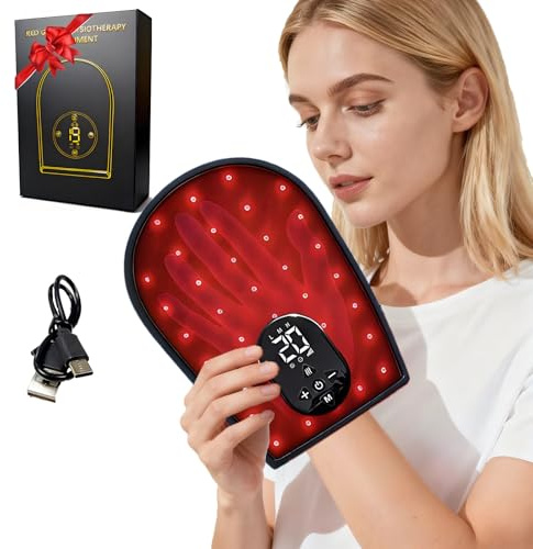 Guantes de terapia con luz roja para manos, dispositivo infrarrojo, masaje inalámbrico y 8 modos, 76 LEDs con luz infrarroja cercana 660nm & 850nm para dedos, palma, muñeca, alivia tensión articular