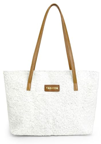 YMIFEEY Daily Shopper Teddy Tasche Damen Tote Bag Mode Teddy Shopper mit Reißverschluss, 8 L Handtasche Plüsch Tasche Teddyfell Felltasche Schultertasche Täglich Einkaufstasche Tragetasche (Weiß)