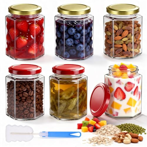 Hejo 6 Stück Marmeladengläser, für Einmachgläser mit Schraubdeckel Sechseckige Einweckgläser Einkochgläser, 280ml Dicke Kleine Gläser mit Deckel, Mehrweg Glasflaschen für Joghurt Dessert Saft