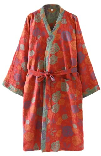 UUNBS Kimono japonés para Mujer Bata de Gasa Jacquard 100% algodón Yukata Ligera para Sauna Ropa de Estar en casa,Red b,M