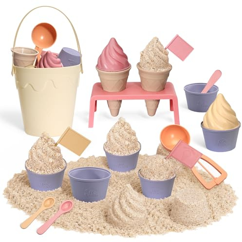 VBACALA Eiscreme Sandspielzeug Kinder 13PCS, Strandspielzeug Set mit Eimer & Eisständer, Sandförmchen, Schaufel & Löffel, Sandkasten Spielzeug für Strand & Garten Geschenk Jungen & Mädchen ab 3 Jahren