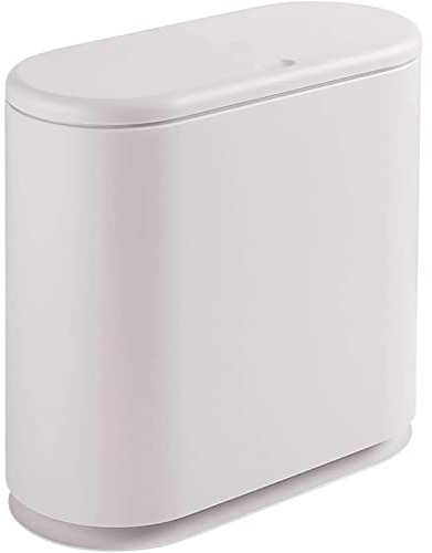 TOMYEER Oval Push-Type Trash Can Clamshell Cover Plastic Slim Pedal Bin, for Bathroom Narrow Spaces, Office, Kitchen - Slim Space-Saving Design (White)
