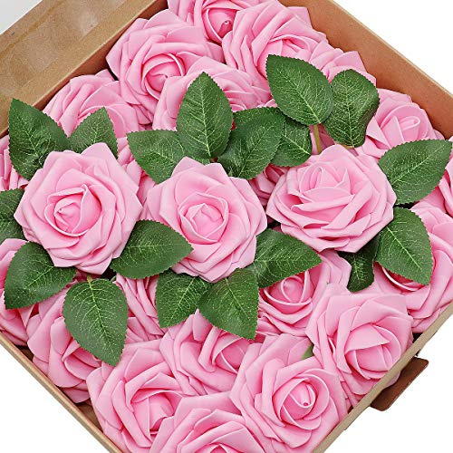 CattleyaHQ 25 Stück künstliche Rosen Blumen, Schaum Rosen mit Box, Simulation Blossom Pretty Rose für Hochzeitssträuße Bridal Party Home Decor (Rosa)