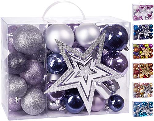 BRUBAKER 50-teiliges Set Weihnachtskugeln mit Baumspitze | Christbaumschmuck aus Kunststoff in Lila Silber