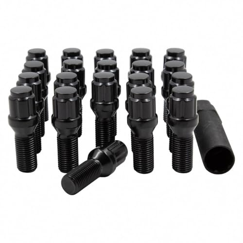 Wheel Accessories Parts 20 Pcs Lug Nut Set M12 x 1.25 12x1.25 Acorn Seat Lug Bolts Car Spline 28mm Thread Length Black Finish Chrysler 200 ｜ 2016+ Jeep Cherokee ｜ 2017+ Jeep Compass