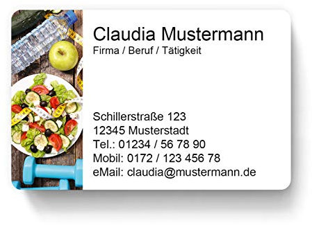 100 Visitenkarten, laminiert, 85 x 55 mm, inkl. Kartenspender - Diät Essen Fitness