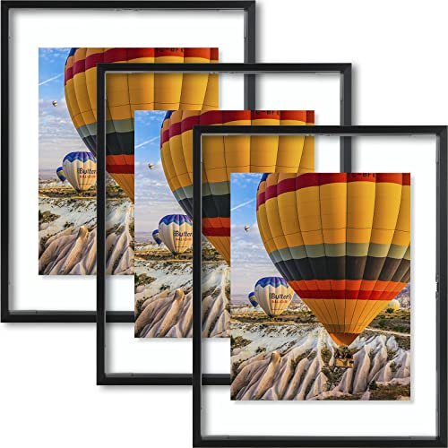 Golden State Art, 11x14 Floating Picture Frame Aluminum, Tempered Clear Glass Displays Any Size Photo Up to 11 x 14, for Home or Gallery Decoration (Black, 3 Pack)