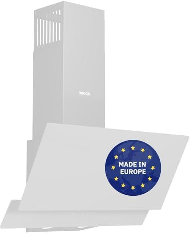 Wiggo A642 Dunstabzugshaube 60cm kopffrei I Abluft Umluft Dunstabzug 626m³/h - Touch-Display 4 Stufen I Energieeffizienzklasse A Schräghaube inkl. 2x Kohlefilter I Abzugshaube Glasfront weiß