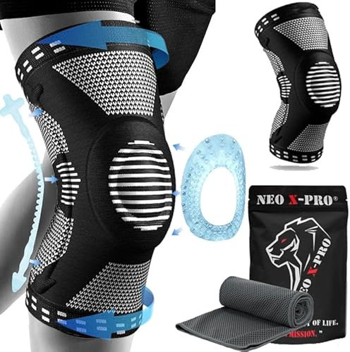 NEO X-PRO Rodillera con Anillo de Silicona y Estabilizadores Laterales – Soporte Avanzado y Sujeción Estable – Uso Diario, Trabajo, Caminatas, Postura – 4 Tallas S a XL – Knee Support (L, Negra)