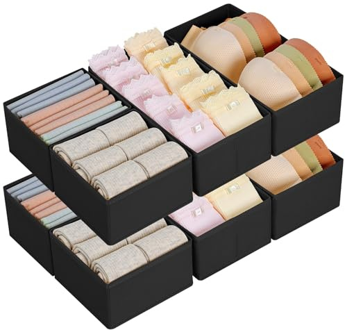 DIMJ 8 Stück Schubladen Ordnungssystem Schubladen Organizer, Faltbare Aufbewahrungsbox Stoff, Schubladeneinsätze für Kleiderschränke, Kleiderschrank Organizer für Kleidung, Schwarz | Faltbare Aufbewahrungsbox für Schubladen, Calcetines, Krawatten, Zimmer, Schwarz, 8 Stück