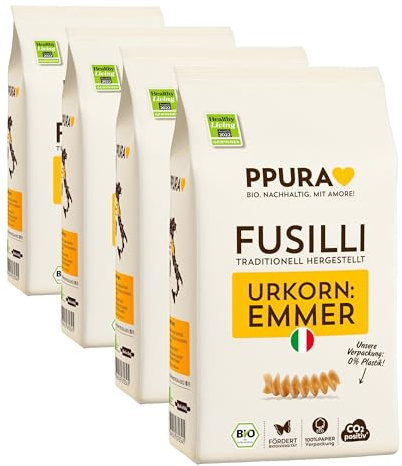 PPURA Bio Fusilli aus ital. Emmer Urkorn | 500g Pasta | Ur-Getreide | 100% Natürlich, Ohne Farb- & Konservierungsstoffe | Saisonal & Regional | Spiral-Nudeln | Bronzeverfahren | Zero Foodwaste