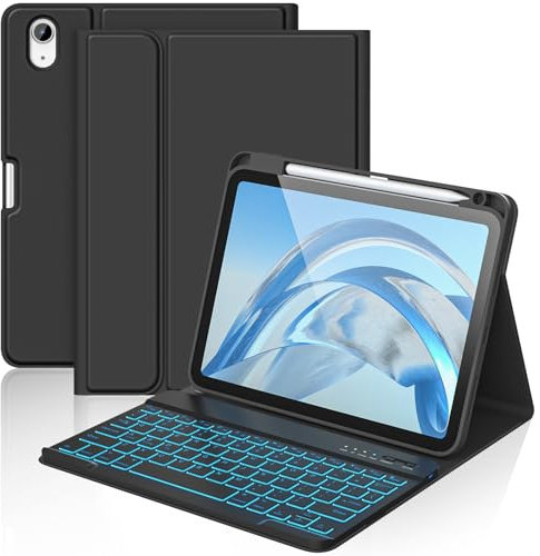 aMZCaSE Keyboard Case for iPad A16 11/10th Generation(11/10.9Inch) | 7 Colors Backlight Detachable Folio Keyboard Cover,UK Layout with Pen Holder for iPad 10/11 Gen 2022/2025(Black)