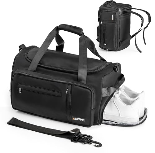 HENMI Sporttasche & Reisetasche für Damen und Herren,43L Groß Handgepäck mit Schuhfach und Nassfach für Sport und Travel Gym Tasche Fitness Rucksack Trainingstasche Faltbare Reisetasche Schwarz