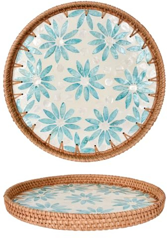 Luxvara Tablet Serviertablett Round Rattan, Vassoio Rotondo in Rattan con Madreperla, Intrecciato a Mano Piatto da Porta, per Caffè, Bevande, Colazione, Tè e Frutta, 30 cm (girasole blu)