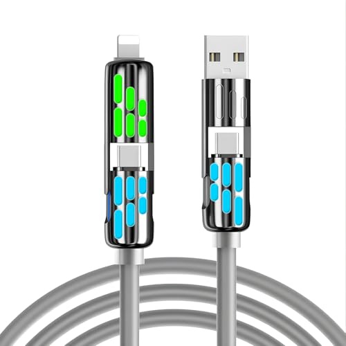 NIRJIK 4 in 1 Intelligentes Ladekabel 2m, 240 W USB-C auf L/USB-C Kabel, USB-A auf L/USB-C Kabel, für Smartphones, Tablets und Laptops, Multi-Geräte-Laden, Grau mit RGB-LED
