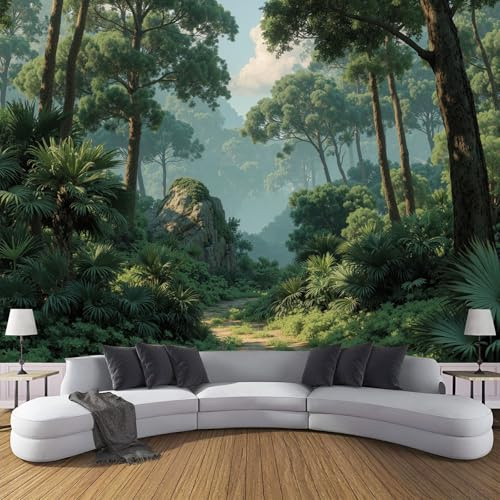 Papel Pintado De Mural Seda Helechos Palmeras, Fotomurales Densa Selva Tropical Antigua 250x175cm, Decoración De La Pared Murales Para Salón Dormitorio Habitación