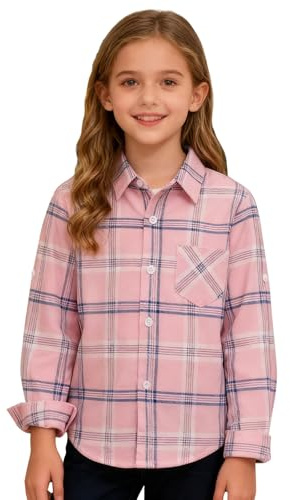 Camisa a cuadros de franela de manga larga con botones para niñas, ropa casual con bolsillo para 1-14 años, blusa térmica con solapa para otoño e invierno