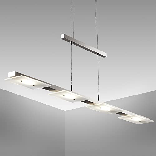 B.K.Licht Lampada a sospensione LED, Lampadario moderno da soffitto per cucina o sala da pranzo, luce bianca calda, metallo color nickel opaco e vetro, incl. 4 piastre LED integrate 4.5W 230V IP20