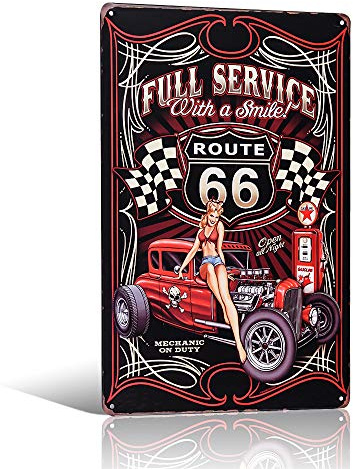 Full Service Route 66 Pin-up Girl with Smile, Metal Tin Sign, Vintage Poster Plaque Garage Home Wall Decor