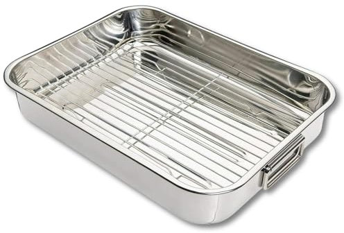 VR7 Roasting Tray with Rack Stainless Steel - 4 Sizes, Rust-Free, Non-Toxic, Dishwasher Safe Baking Pan with Cooling Rack for Perfect Roasting