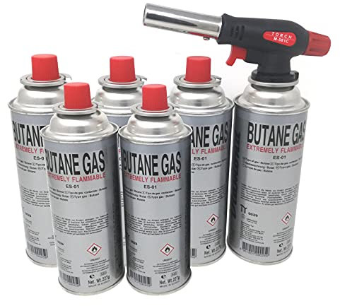 Starlet24® Lötbrenner (+ 6x Gaskartuschen) Gasbrenner Bunsenbrenner Camping Gasanzünder Lötlampe mit Piezozündung, einstellbare Flammengröße für Gaskartuschen mit MSF-1a Anschluss
