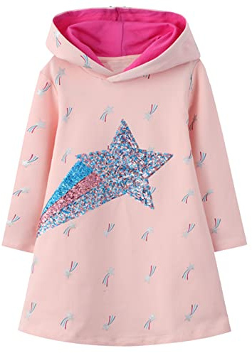 Baogaier Vestidos Niña Sudadera con Capucha Niñas Algodón Vestido Mangas Largas Blanco Azul Lentejuelas Estrellas Aplique Pullover Tops Túnica Suéter Primavera Otoño Invierno Hoodie Ropa 5-6 años