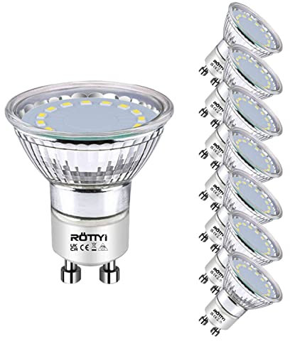 ROTTYI GU10 LED-Lampen, 8er-Pack Tageslichtweiß 6500 K, 50 W Halogenstrahler-Äquivalent, 4 W 400 lm Energiesparlampen, 120 ° breiter Strahl, nicht dimmbar, Glaslampe spart Rechnungen
