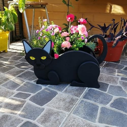 SUREH Katzen-Pflanzgefäß, Blumentopf, Niedlicher Tierform-Pflanzkasten aus Holz, Pflanzkisten für Den Außenbereich, Erhöht, Rechteckig, Pflanzgefäß für Pflanzenbehälter Im Freien,(Schwarz)