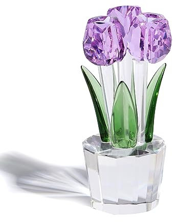 Crystal Purple Tulips Bouquet Figurine Collectible Gifts for Women, Glass Flower Centrepiece Ornaments for Christmas Anniversary (with 3 flowers)
