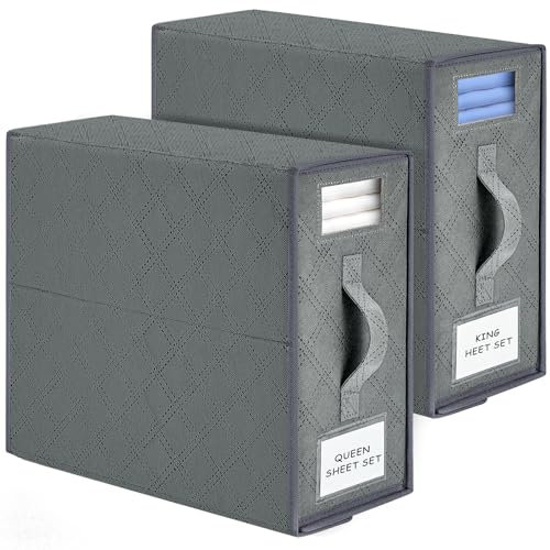 Eurhomewit Bed Sheet Organiser, Sheet Organiser for Beding Cover, Foldable Bedding Organiser with Window & Handles, Bedding Organiser Folder Box for Sheets and Clothes, 2 Pack (Queen/King Size)-Grey