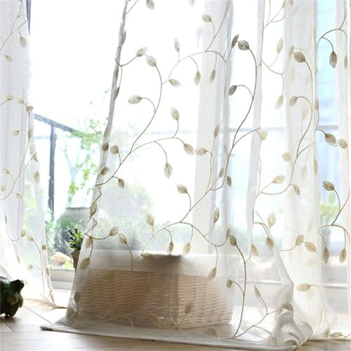 KEKUYA 2 er Set Wohnzimmer Gardinen,Voile Gardinen Vorhang halbtransparent mit Ösen Gardinen Modern für Schlafzimmer Balkontür Luftige Gardinen, Beige Blätter B132×H240cm