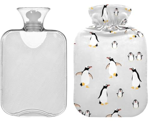 ZZXXB Penguins Have Fun Wärmflasche mit Fleece-Bezug, PVC-Wärmbeutel, 2 Liter