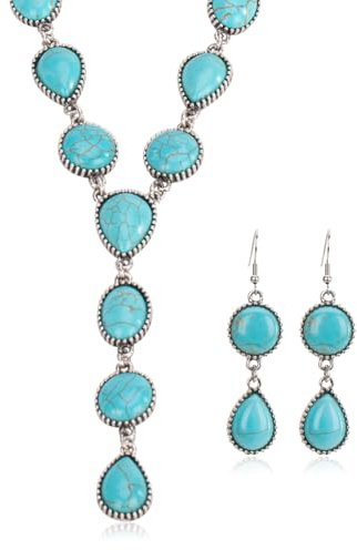 Montana West Rustic Couture's Western Y Shaped Necklace Jewelry Set for Women Cowgirl Turquoise Vintage Country Bohemian Y Necklace Earrings WJ-1030TQ