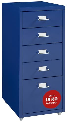 [en.casa] Rollcontainer Kökar Schubladenschrank Metall Aktenschrank mit 5 Schubladen Bürowagen mit Rollen für Arbeitszimmer 69 x 28 x 41 cm Blau
