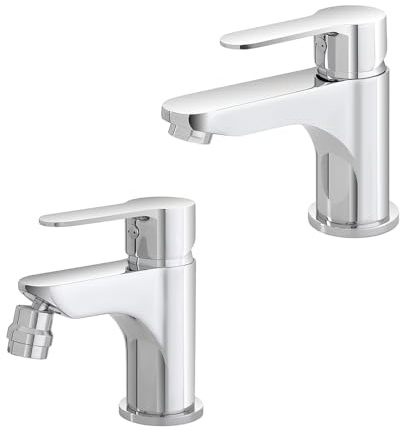 Set miscelatori lavabo e bidet con scarico click-clack incluso, in ottone cromato con leva monocomando, ZOE