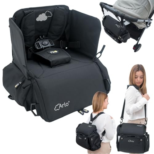 Olmitos - Asiento Elevador Arlo de NIU, ultra ligero multifunción – Bolso para Silla de pasaeo - Mochila de viaje - Elevador con cambiador y bolsillo térmico (Negro)