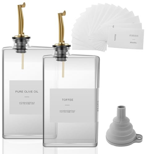 Lot de 2 Bouteille Huile, 350ml, Huilier en Verre Anti-Goutte et Anti-fuites, Distributeur Huile d’Olive avec Avec étiquettes et Entonnoir pour Cuisine, Bouteille en Verre pour Huile D'olive (Or)
