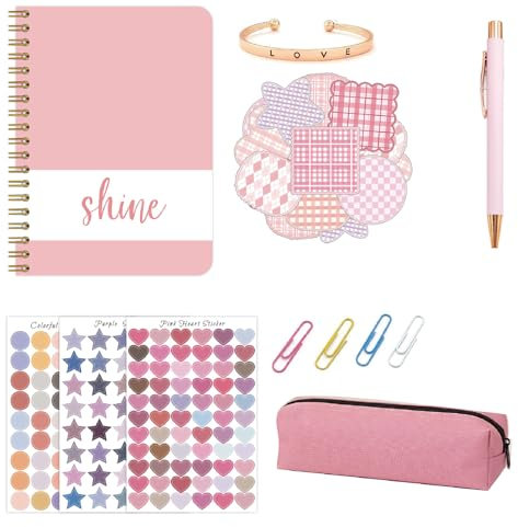 Joyeee Diari scolastici rosa per adolescenti, braccialetto in metallo, penna rosa, rotondi, adesivi a stella e cuore, astuccio, graffetta, diario personalizzato per adolescenti, scatola di cancelleria