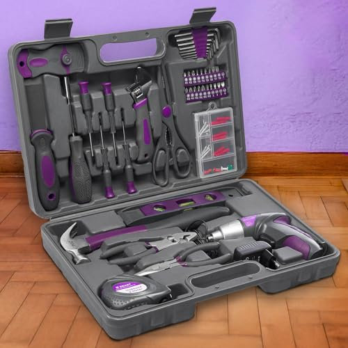 BRAST® Werkzeugkoffer Gefüllt 44-teiliges Komplettes Werkzeugset | 4V Li-Ion Akkuschrauber Set Lady für Frauen & Mädchen in Rosa | inkl. Hammer Schere Schaber Spachtel Maßband Zangen uvm