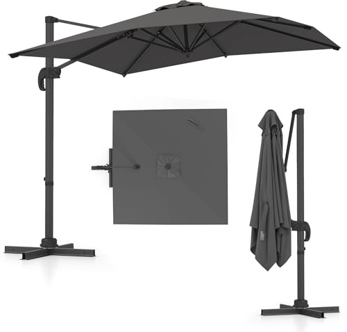 COSTWAY Ombrellone da Giardino Quadrato 245 cm, Rotazione a 360°, 5 Posizioni di Inclinazione Regolabili, 8 Stecche, Manovella, Anti-UV, Impermeabile, per Terrazzo, Balcone e Piscina (Grigio)