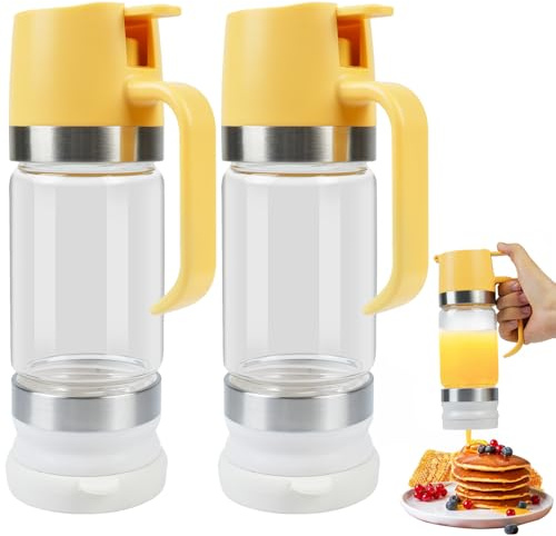 Ecopandy Honey Dispenser No Drip with Stand, 12 OZ Glass Honey Jar, Syrup Dispenser, Easy One Hand Use Honey Pot for Coffee or Tea, Mess Free Honey Dispenser for Syrup, Honey Container (2PCS Yellow)