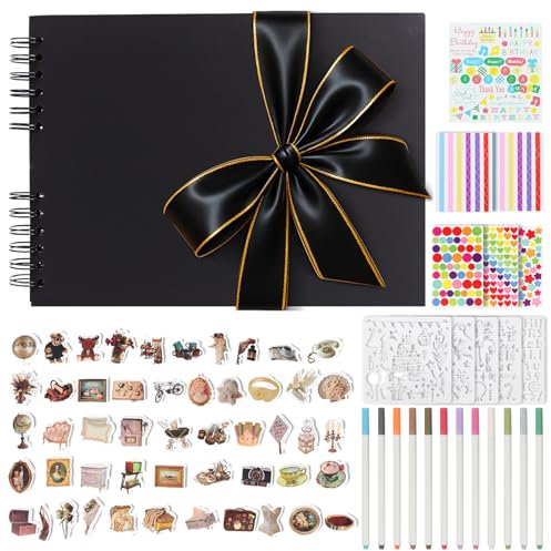 DazSpirit Scrapbook Photo Album with Gold Trimmed Ribbon, 80 Black Pages & DIY Kit with 12 Metallic Markers, 11 Stickers, Guest Book for Birthday and Wedding (Black)