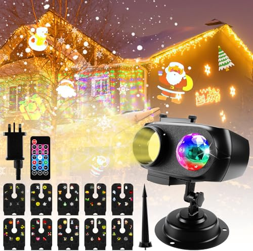 Jellybibo Christmas Projector Lights, Waterproof Outdoor Christmas Decoration Projector Light, 10 Slides Patterns & 10 Colors Ocean Wave Festive Projection Lights for House Yard Party with Remote